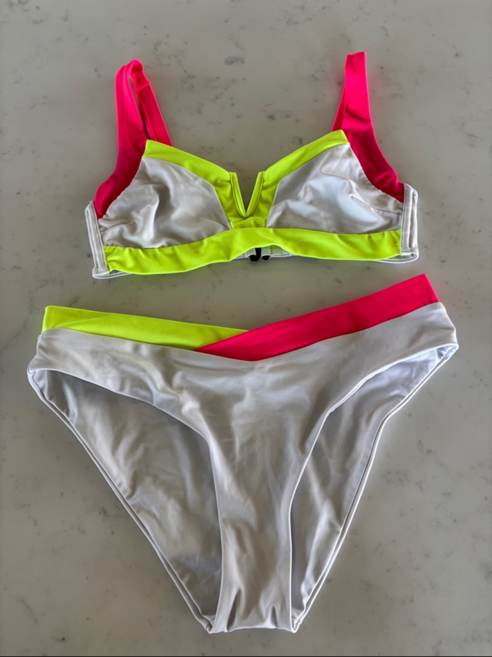 White Bikini Set with Neon Pink & Neon Yellow Accents Small Top/Medium Bottom
